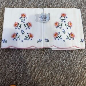 Embroidered Floral Pillowcases - White with Pink Flower Accents